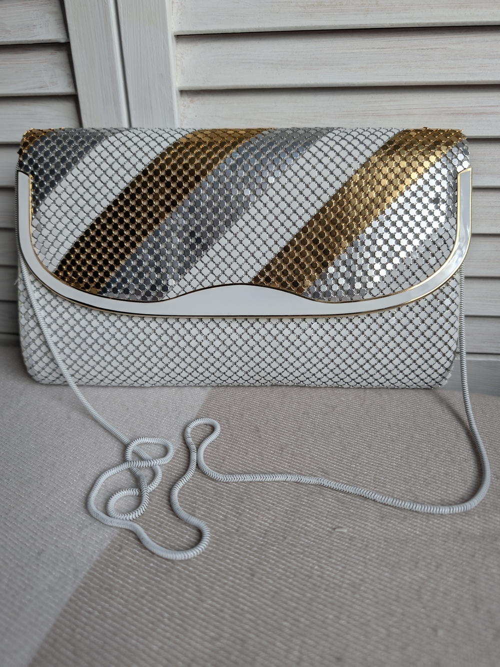 White Metallic Mesh Crossbody Clutch with Gold & Silver Stripes
